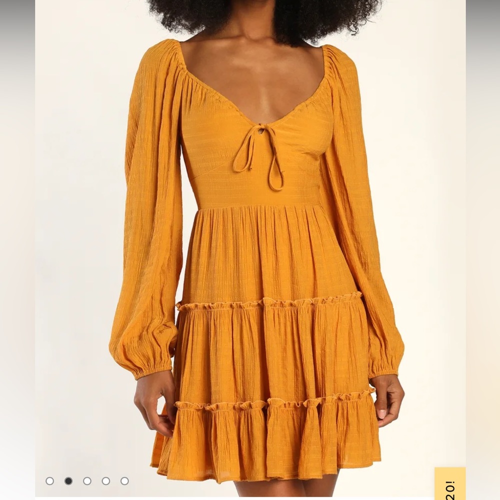 NWT- LULUs Tender Memories Yellow Tiered Ruffled Balloon Sleeve Mini Dress. L - Picture 2 of 13